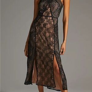 Anthropologie Black Lace Chemise with Floral Details